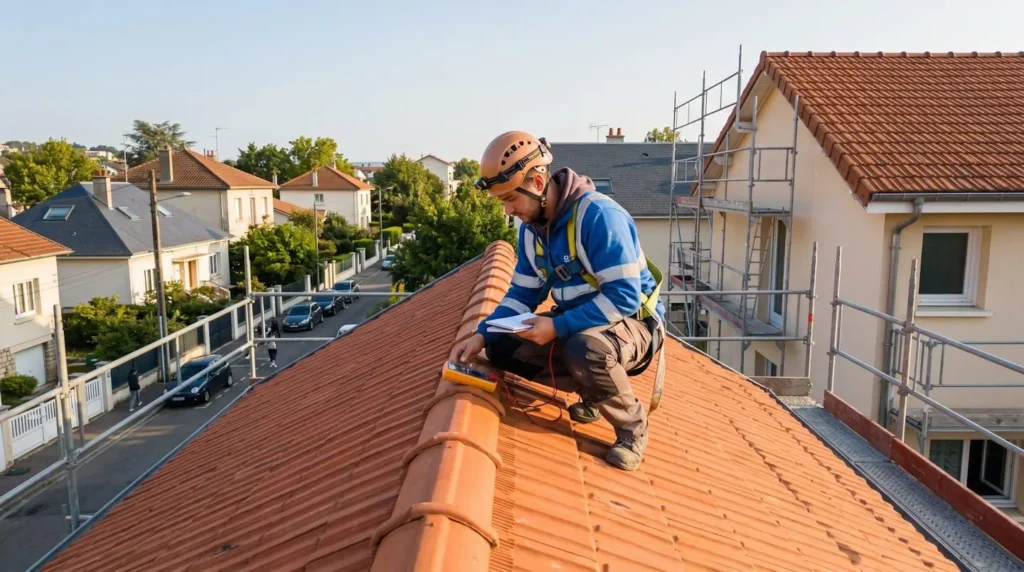 Un couvreur professionnel en tenue de travail inspecte une toiture en pente recouverte de tuiles, échafaudage visible en contrebas, lumière naturelle de fin d'après-midi