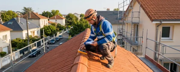 Un couvreur professionnel en tenue de travail inspecte une toiture en pente recouverte de tuiles, échafaudage visible en contrebas, lumière naturelle de fin d'après-midi