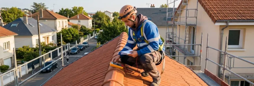 Un couvreur professionnel en tenue de travail inspecte une toiture en pente recouverte de tuiles, échafaudage visible en contrebas, lumière naturelle de fin d'après-midi