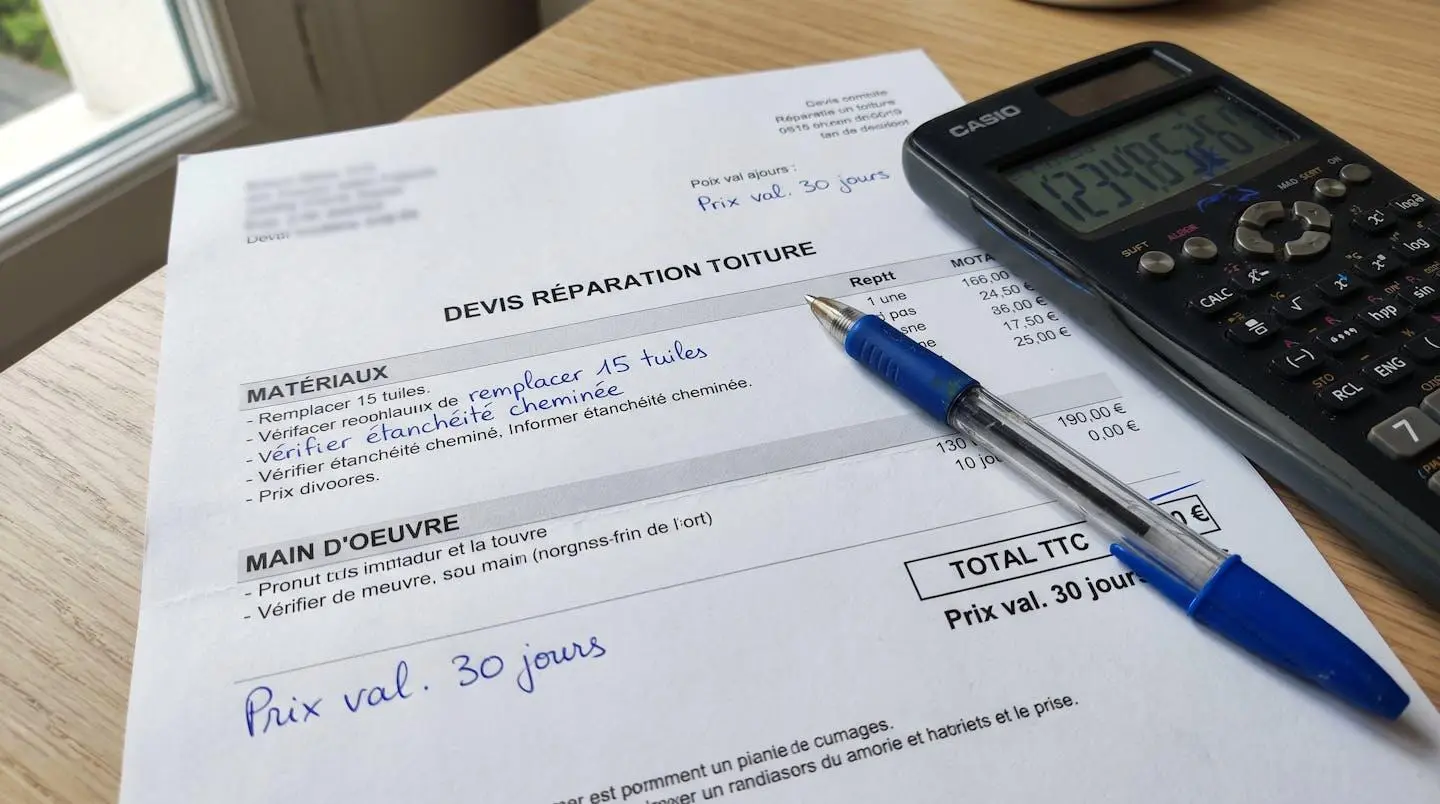 Gros plan sur un document de devis imprimé posé sur une table en bois, avec un stylo et une calculatrice à proximité, lumière naturelle douce