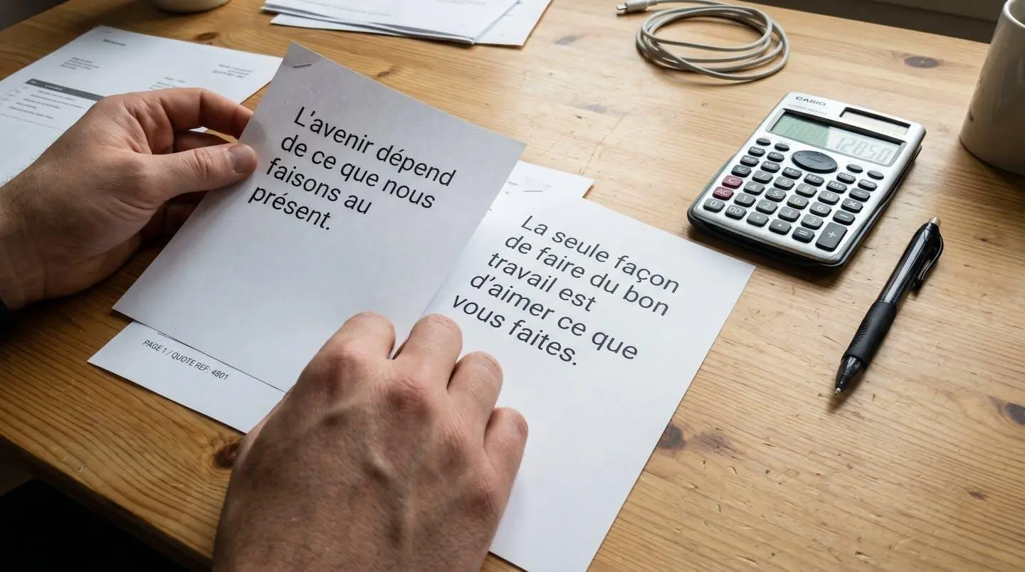 Gros plan sur les mains d'une personne comparant plusieurs documents de devis posés sur une table en bois, stylo et calculatrice visibles, lumière naturelle diffuse