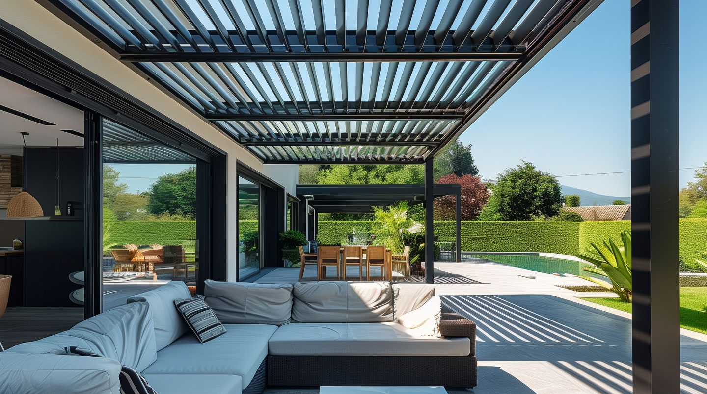 Pergola bioclimatique moderne avec lames orientables sur une terrasse contemporaine