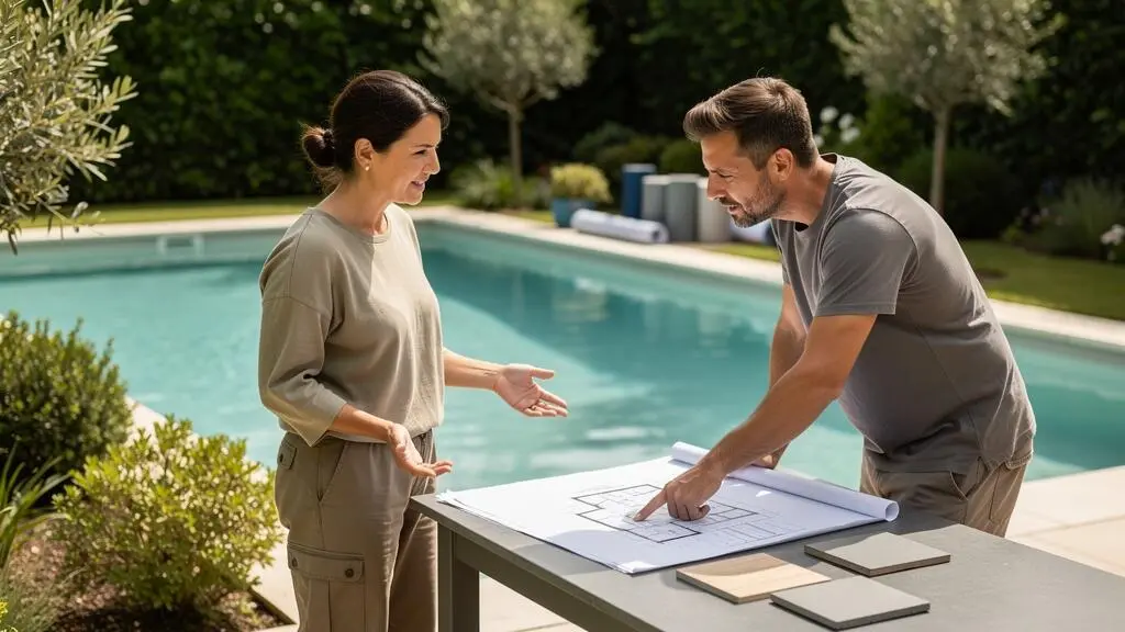 Particulier échangeant avec un professionnel autour d'un projet de travaux piscine.
