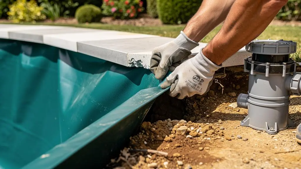 Gros plan sur l'installation et le réglage du liner d'une piscine en cours de travaux.