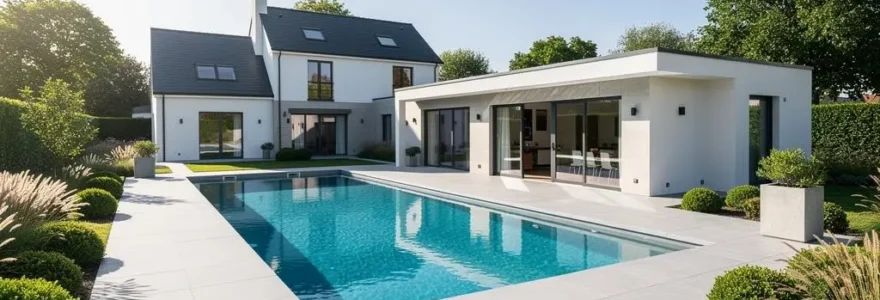 Aménagement extérieur d'une piscine et d'un abri piscine moderne dans un jardin français rénové.